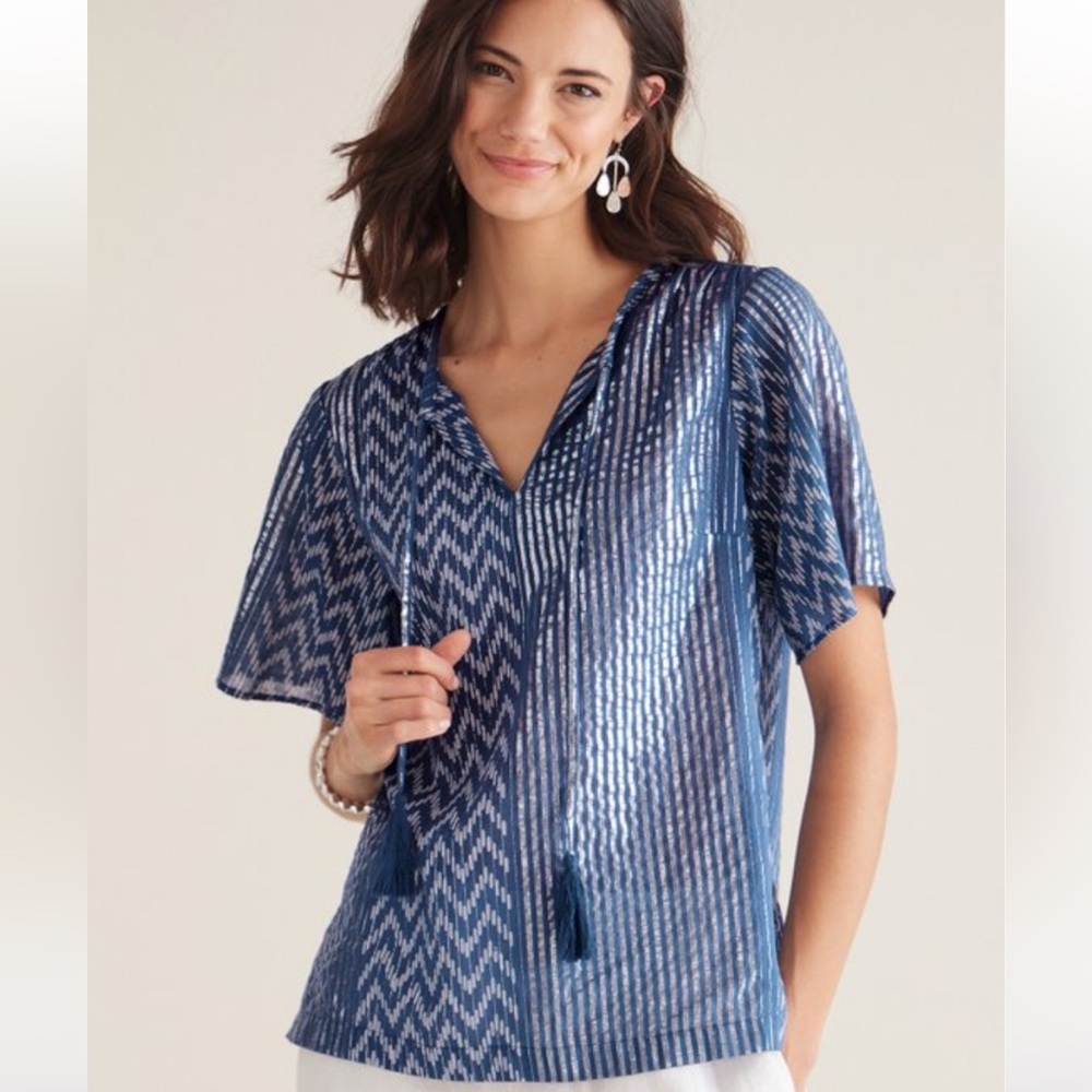 Soft Surroundings Blue and Silver Metallic Short Sleeve Two-Piece Skirt Set